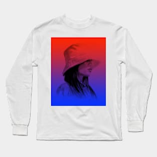 bucket hat;  Charcoal drawing, digital edited Long Sleeve T-Shirt